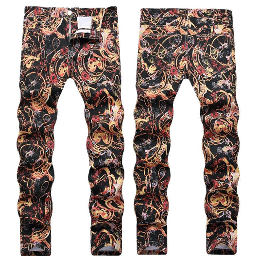 Men's Floral Multi-Colored Baroque Print Ruched Skinny Jeans