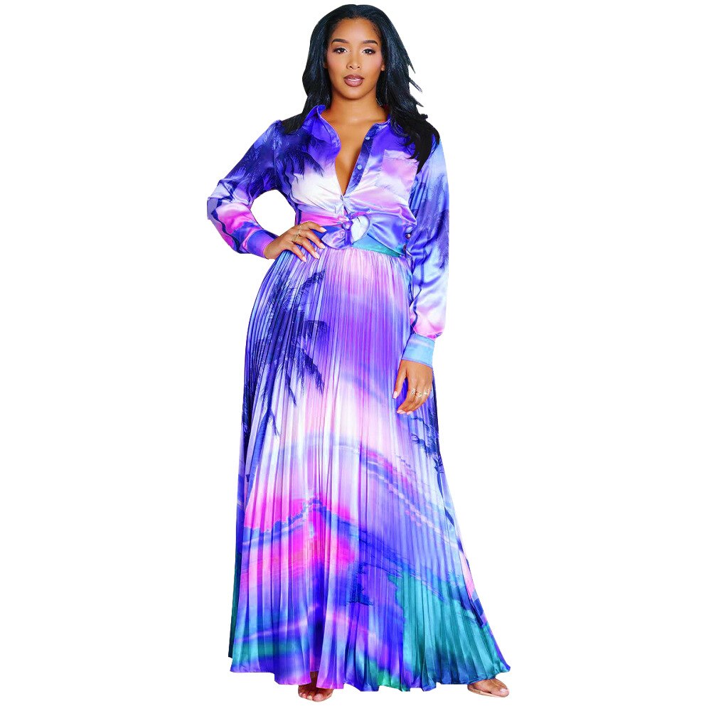 Rainbow Tie-Dye Long Sleeve V-Neck Printed Blouse + Pleated Maxi Skirt Matching 2-Piece Set