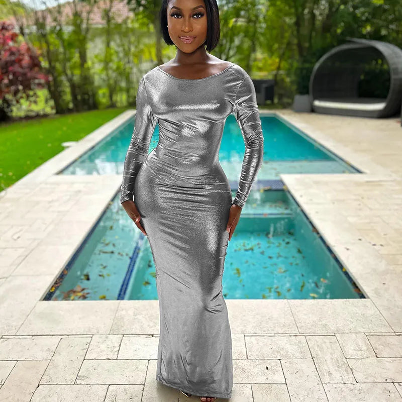 Metallic Gold/Silver Ruched Long Sleeve Bodycon Maxi Dress