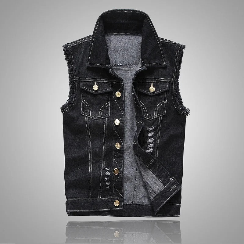 Men's Denim Ripped Hip-Hop Biker Waistcoat Cowboy Sleeveless Motorcycle Vests