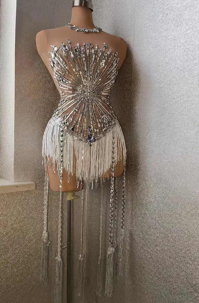 Rhinestone Crystal  Tassel Fringe Performance Formal Bodysuit