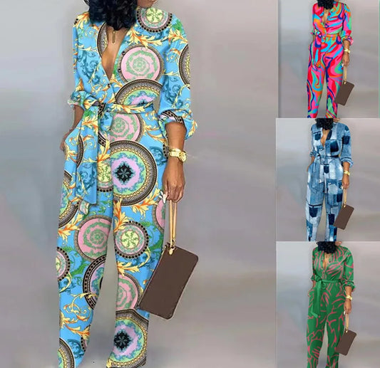 Baroque Paisley/Geometric/ Faux Denim Colorblock Print Deep V-Neck Long Sleeve  Women's Jumpsuits w/ Sash Belt