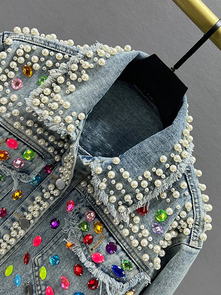 Denim Women's Pearl Colored Gem Rhinestone Crystal Long Sleeve Jean Jacket