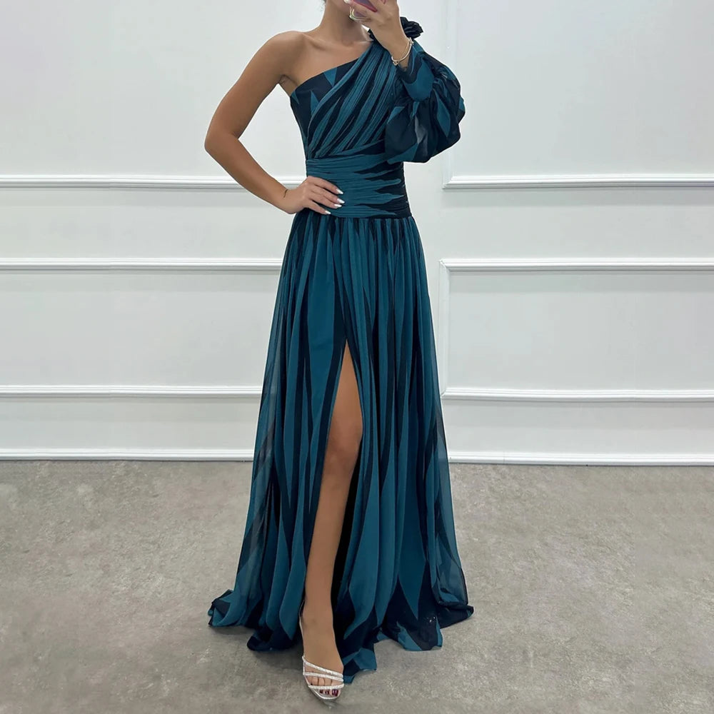 One Puff Sleeve Geometric Asymmetrical Striped High Slit Formal Maxi Party Dress