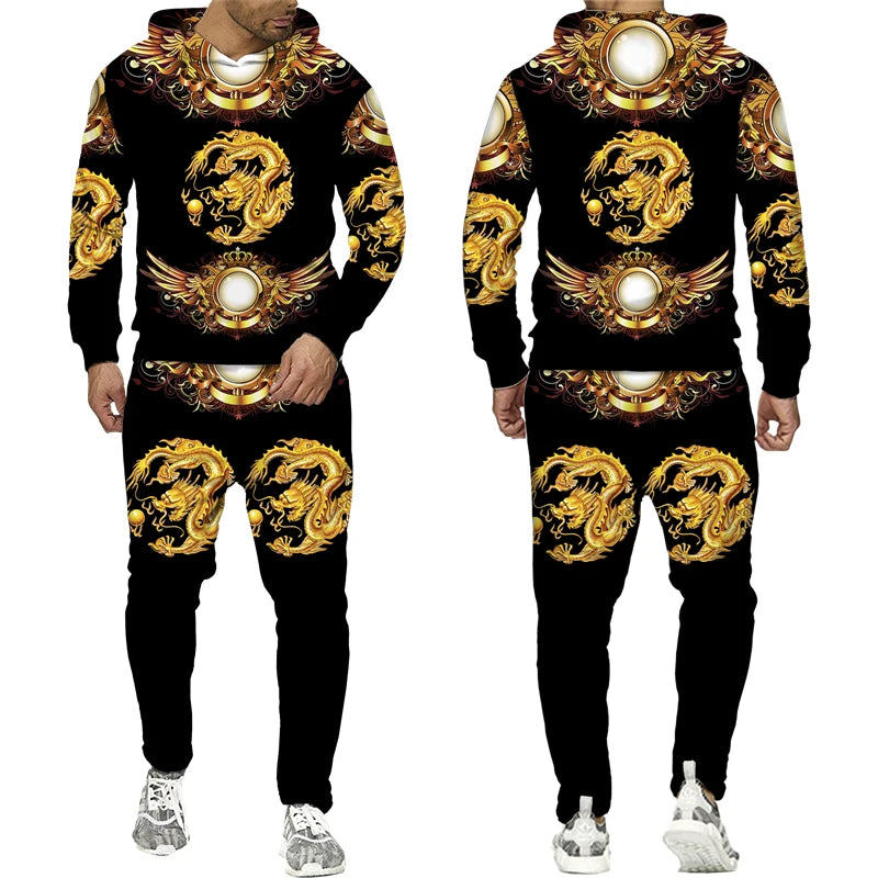 Men's Leopard/Tiger/Dragon/Clock Medallion Baroque Printed Graphic Golden/Black/White 3D Pattern Hoodie Sweatshirt + Sweatpants Tracksuit