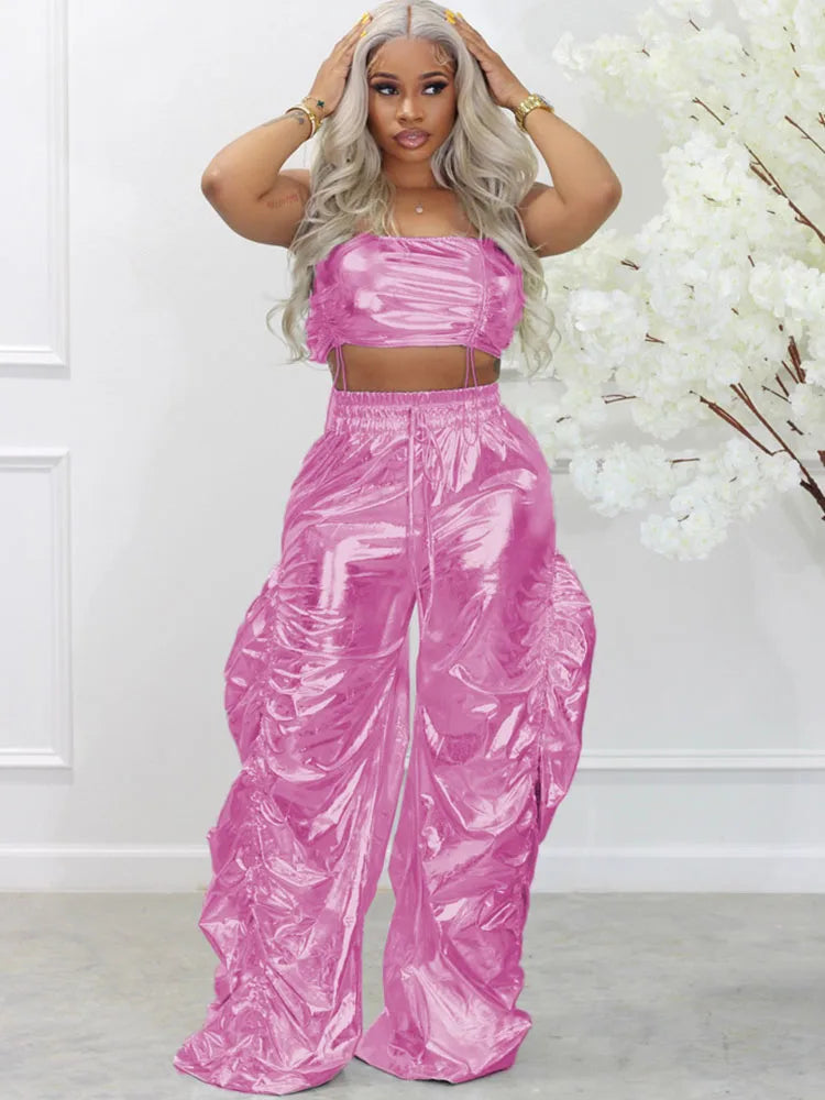 Metallic Ladies Crop Top + Ruched Stacked Streetwear Pants 2-Piece Set