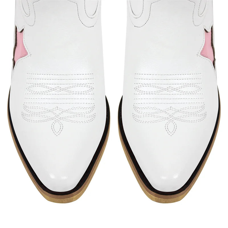 White/Pink Heart Star Moon Embroidered Design Pointed Toe Knee-High Western Side Zipper Cowgirl Rodeo Boots