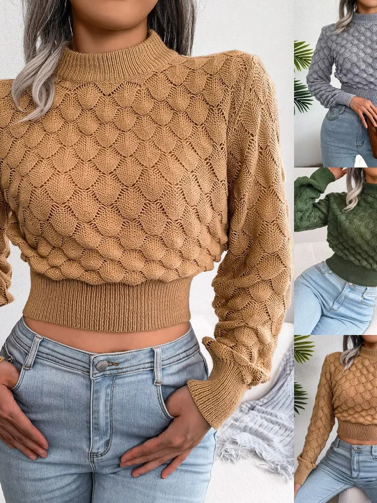 Autumn Winter New Fashionable Three-dimensional Diamond Hollow Long Sleeved Sexy Exposed Navel Knitted Sweater For Women