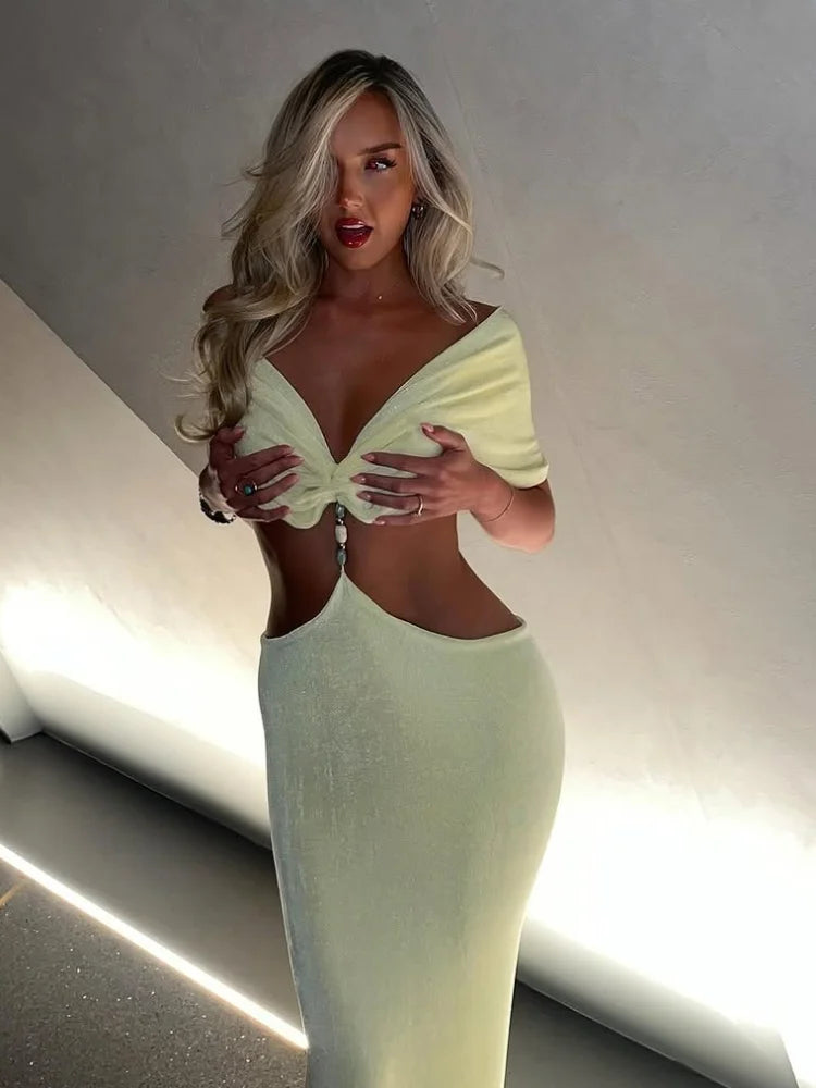 Off-the-Shoulder Solid Color V-Neck Pleated Cut-Out Skinny High Waist Maxi Party Dress