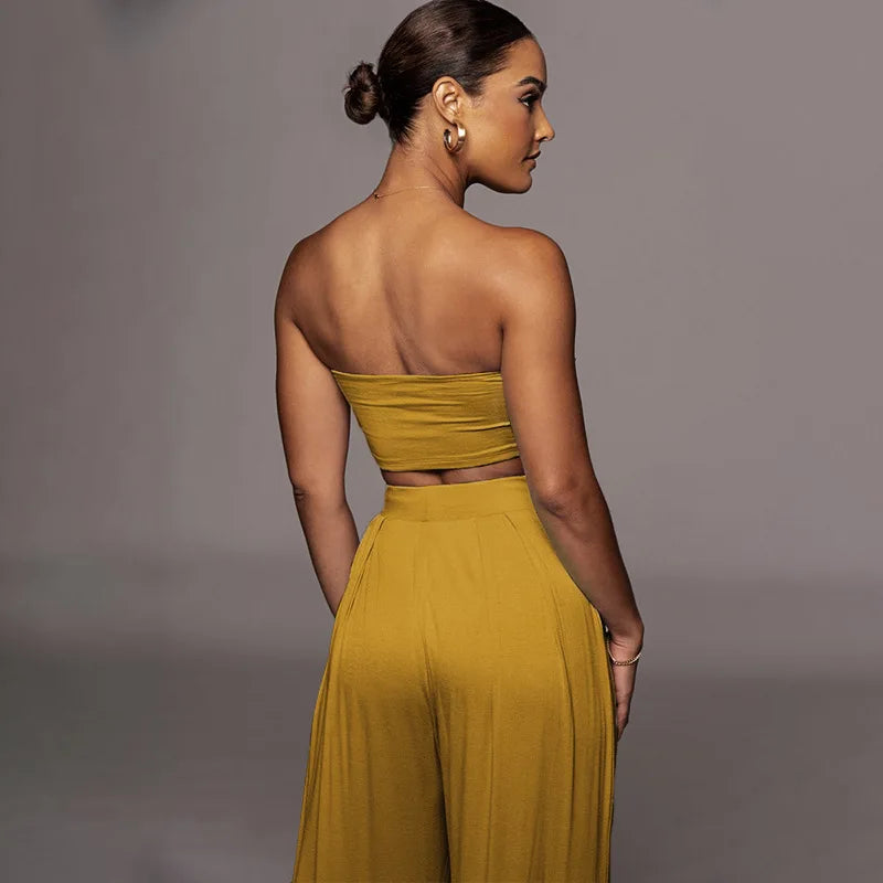 Sleeveless Bowknot Design Tube Top+ Wide Leg Pants Women's Solid Color 2-Piece Set