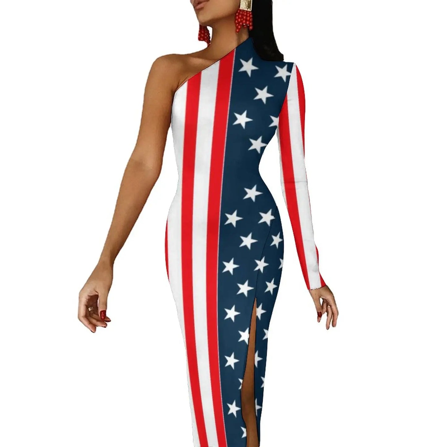 Striped/Rainbow Striped/American Flag Print One Sleeve Asymmetrical Bodycon Midi Dresses