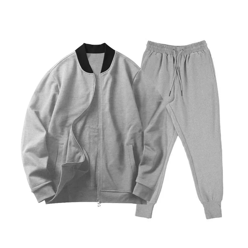 Men's O-Neck Colorblock Bomber Sweat Jacket + Drawstring Jogger Sweatpants Tracksuit
