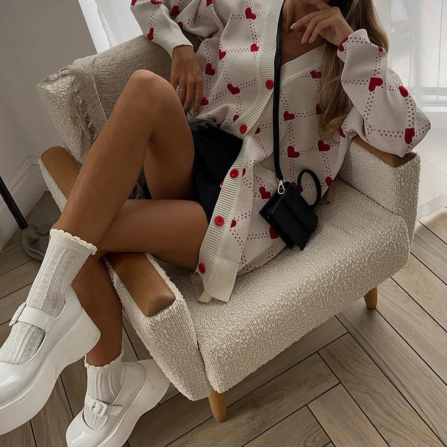 Heart Print Long Sleeve Knitted Button-Up Women's Cardigan Sweater