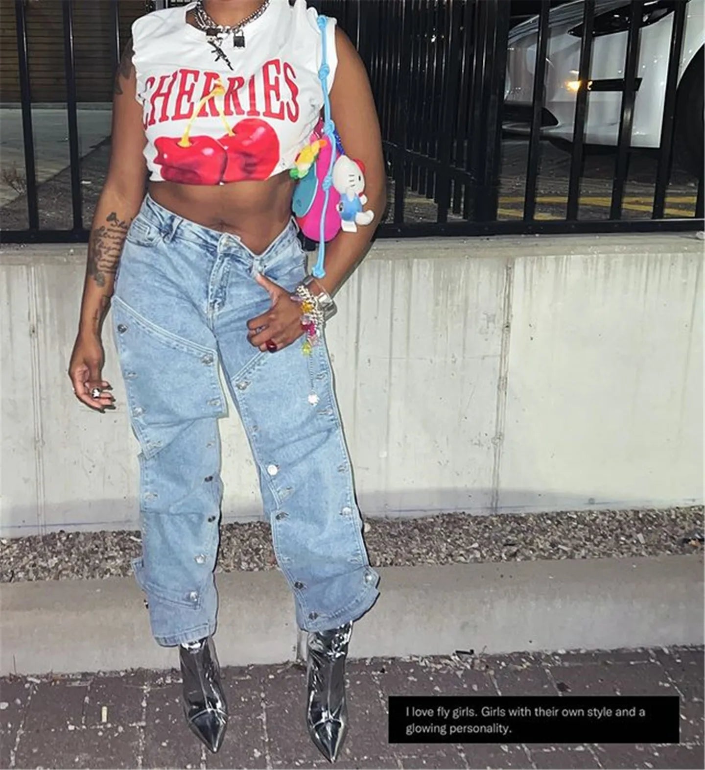 Denim Washed Faded Streetwear Multi-Pocket Button Design Women's Cut-Out Straight Wide Leg Cargo Jeans