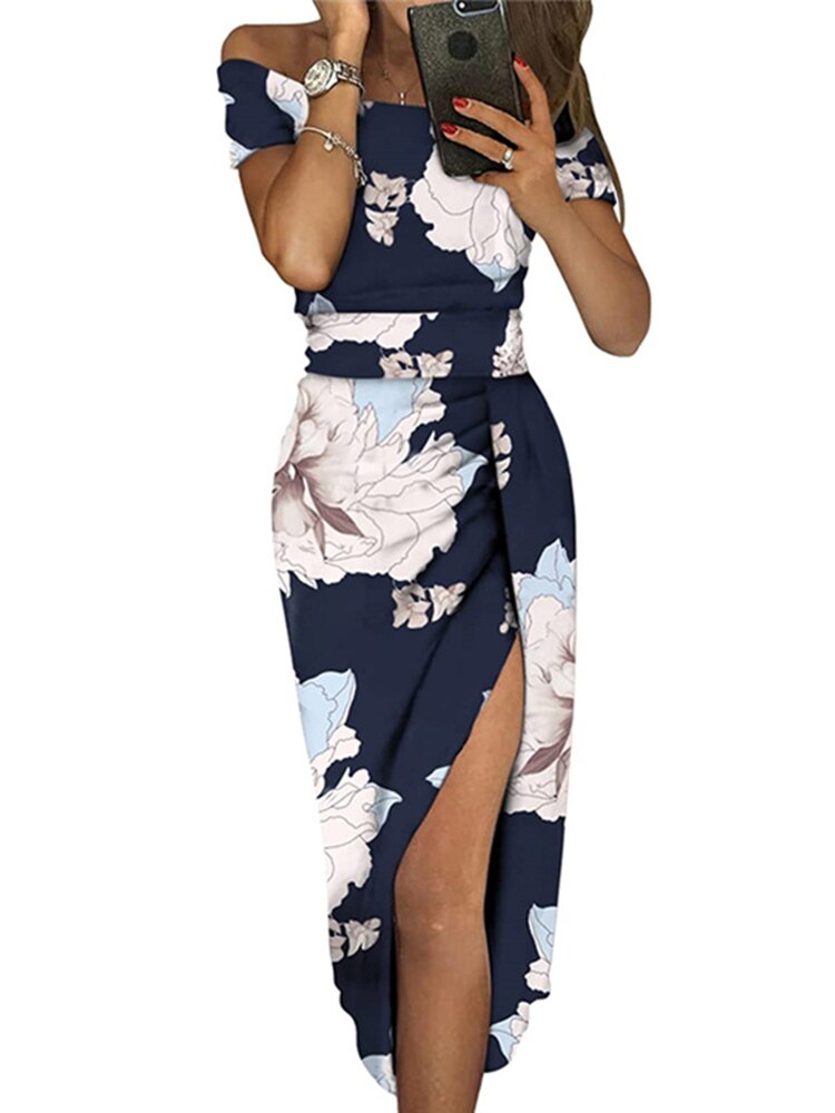 Ruched Floral/Geometric Off-the-Shoulder Printed Bodycon Short Sleeve Maxi Dress