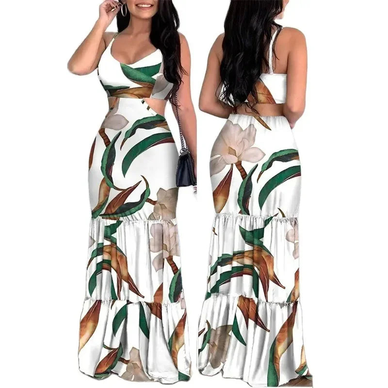 Hawaiian Hollow-Out Floral Backless Bohemian Ruffle Hem Sleeveless Maxi Dress