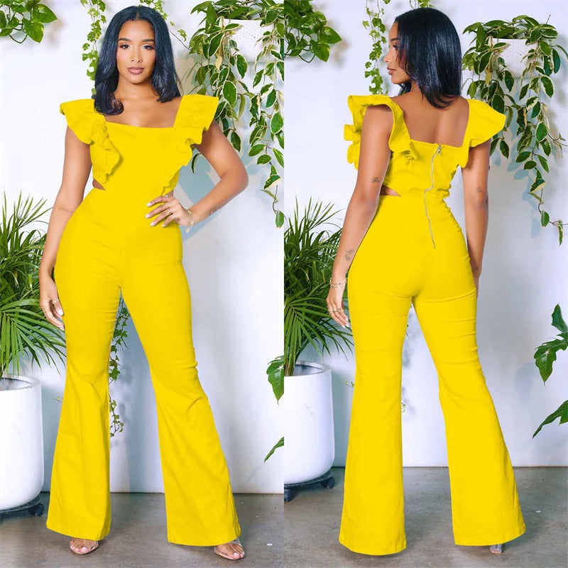 Ruffled Cut-Out Square Neck Skinny Backless Flare Pant Jumpsuit