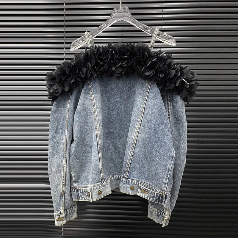 Denim Faded Light Blue Irregular Washed Black Rose Flower Trim Off-the-Shoulder Women's Double Pocket Design Jean Jacket