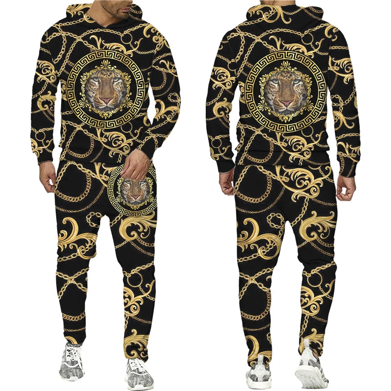Men's Leopard/Tiger/Dragon/Clock Medallion Baroque Printed Graphic Golden/Black/White 3D Pattern Hoodie Sweatshirt + Sweatpants Tracksuit
