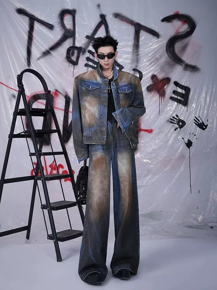 Men's Denim Faded Colorblock Distressed Denim Jean Jacket + Matching Jeans 2-Piece Set