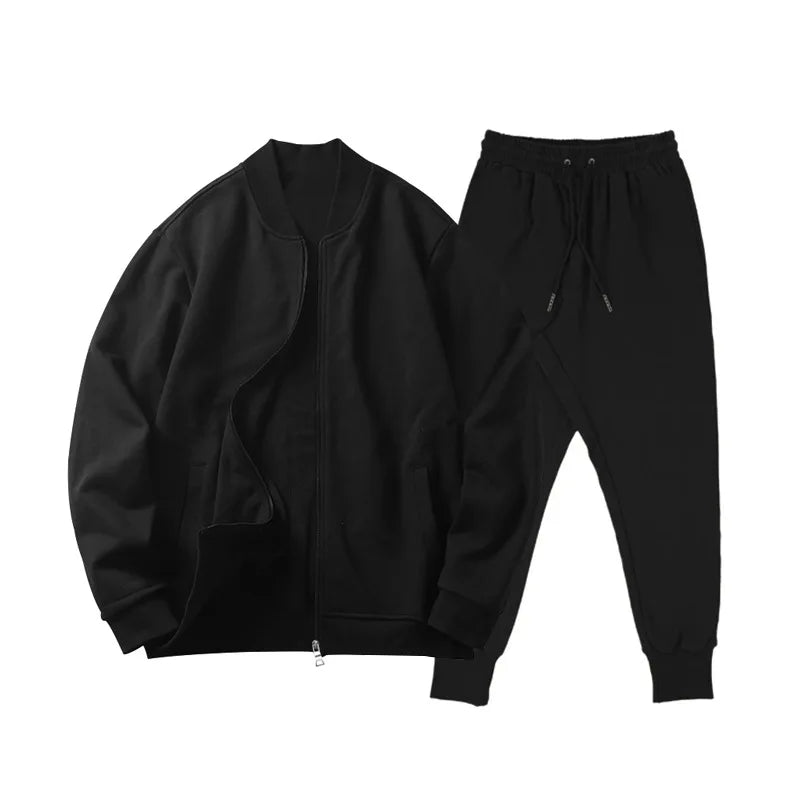 Men's O-Neck Colorblock Bomber Sweat Jacket + Drawstring Jogger Sweatpants Tracksuit