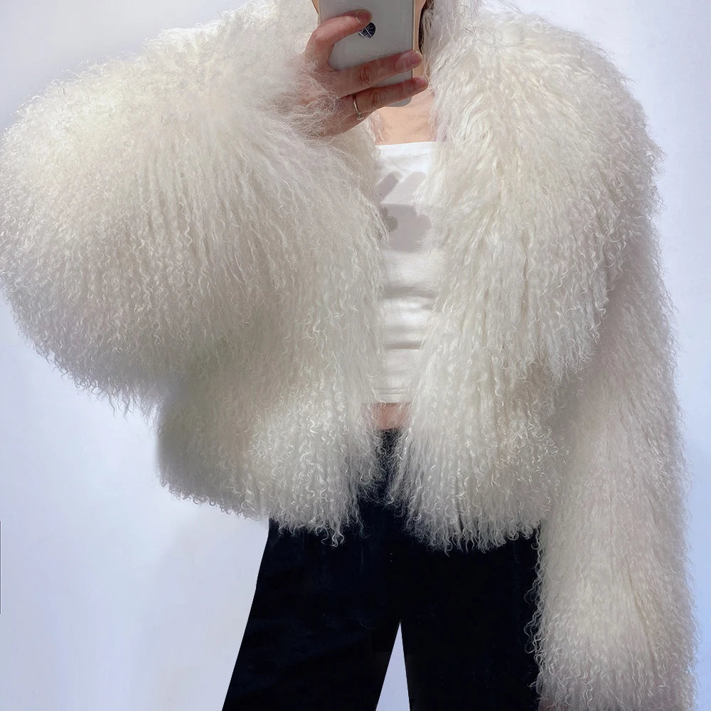 Shaggy Mongolia Sheep Fur Oversized Collar Women's Jacket to 8X Plus Size