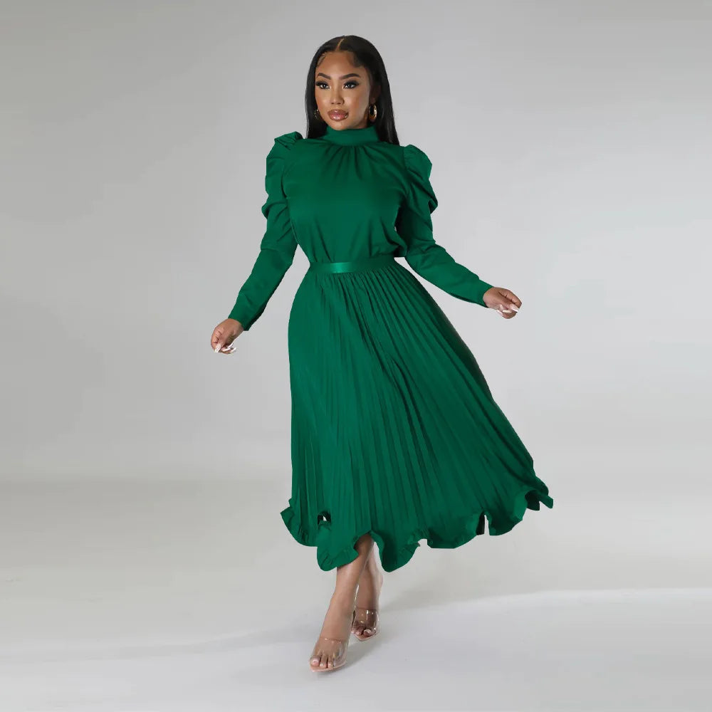 Women’s Solid Color O-Neck Lantern Sleeve Blouse + A-Line Flounce Formal Pleated Maxi Skirt w/ Sash Belt 2-Piece Set