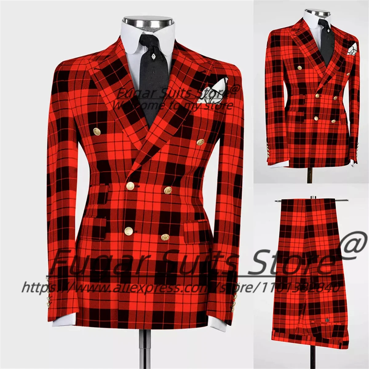 Men's British Plaid Gold Button Detail Double Breasted Tuxedo Blazer Jacket + Pants Formal Prom/Party/Wedding Suit