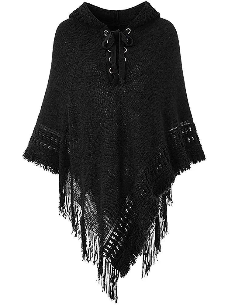 Fringe Tassel Women's Knitted Hooded Crochet Shawl Wrap Sweater