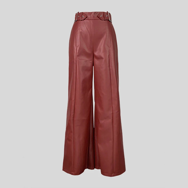 Faux Leather Women's High Waisted Loose Pleated Pocketed Streetwear Wide Leg Pants