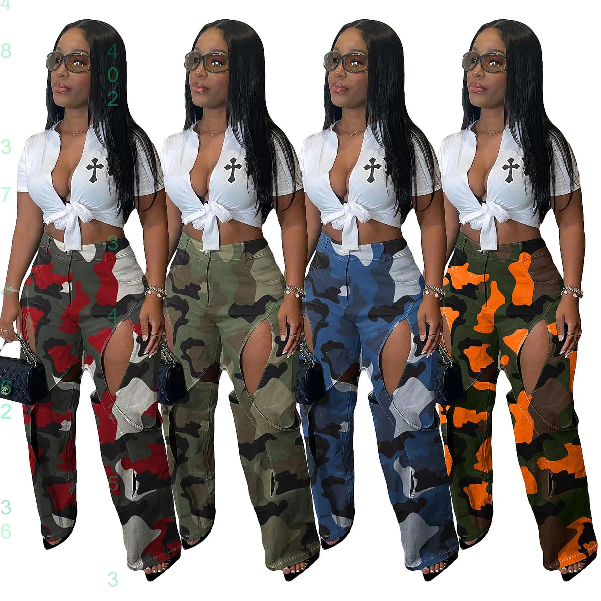 Colored Camoflauge Ripped Hollow-Out Design Women's Cotton High Waist Cargo Multi-Pocketed Streetwear Pants
