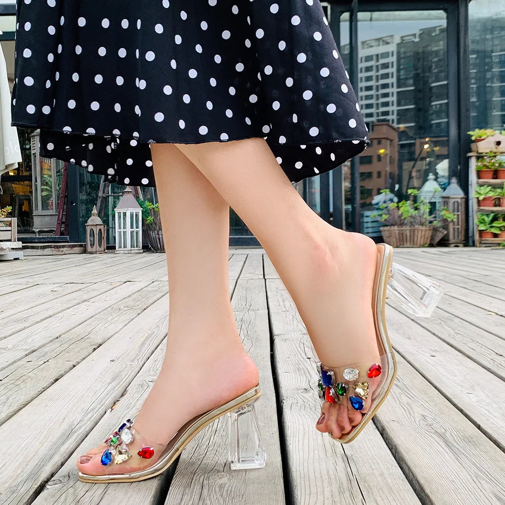 PVC Transparent Clear Crystal Rainbow Rhinestone Embellished Open Toe Low Heel Women's Sandals