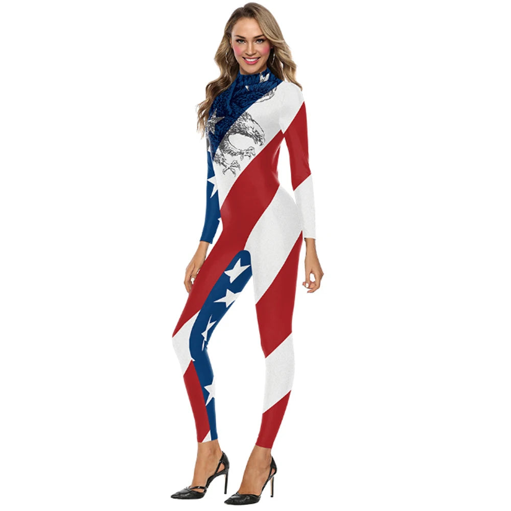 Striped 4th of July US Flag Print Bodycon Women's Long Sleeve Skinny Jumpsuit