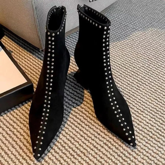 Stud Embellished Shallow Pointed Toe Designer Short Back Zip Suede Spike Heel Ankle Boots