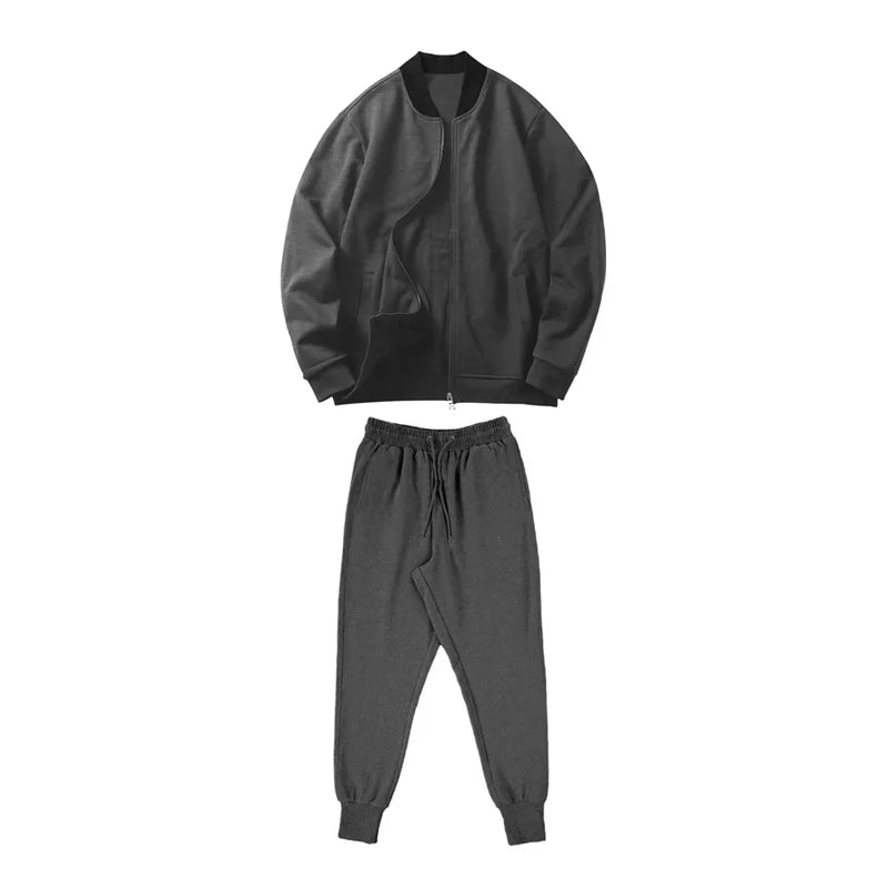 Men's O-Neck Colorblock Bomber Sweat Jacket + Drawstring Jogger Sweatpants Tracksuit