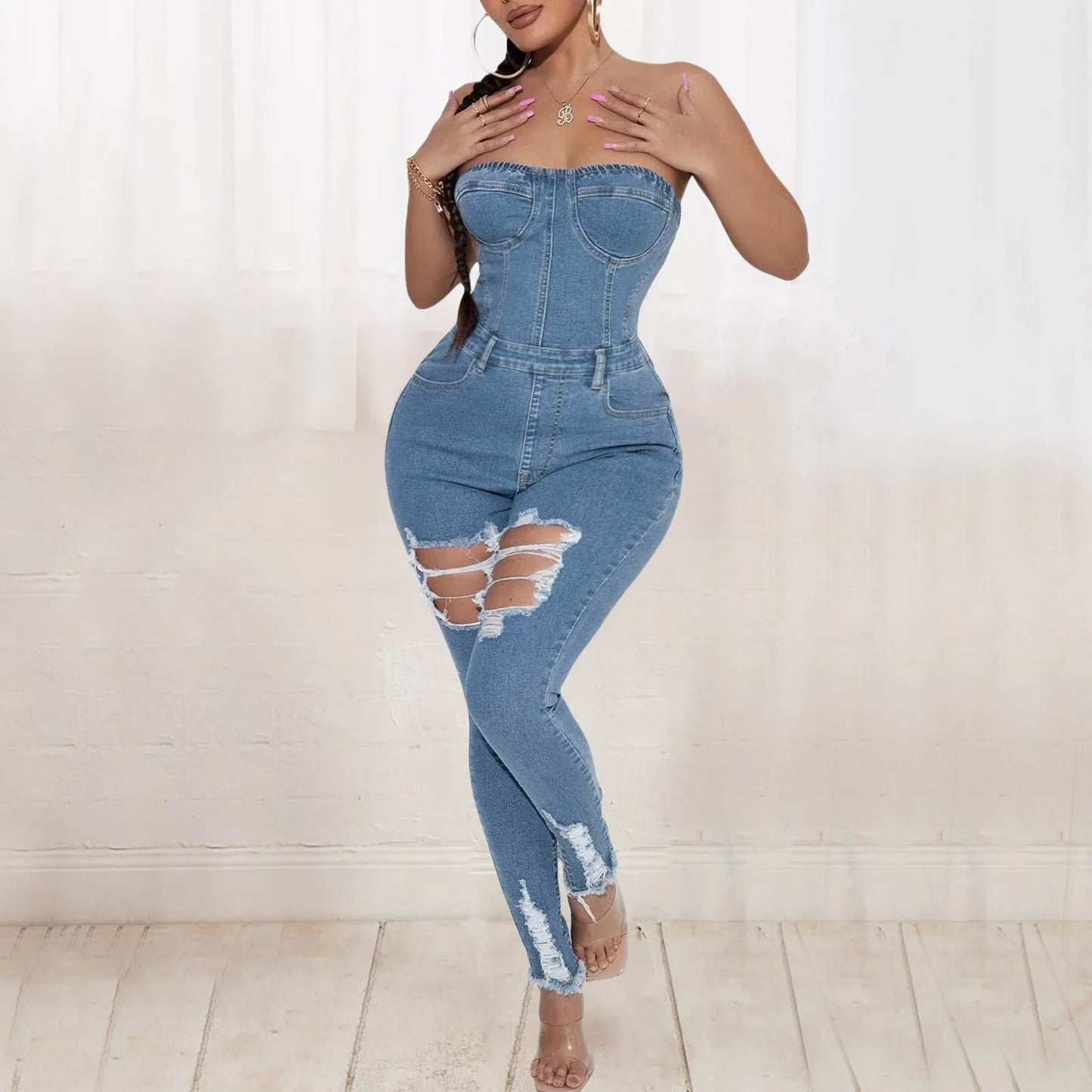 Denim Sleeveless Ripped Women's Hollow-Out Strapless Tube Jean Jumpsuits