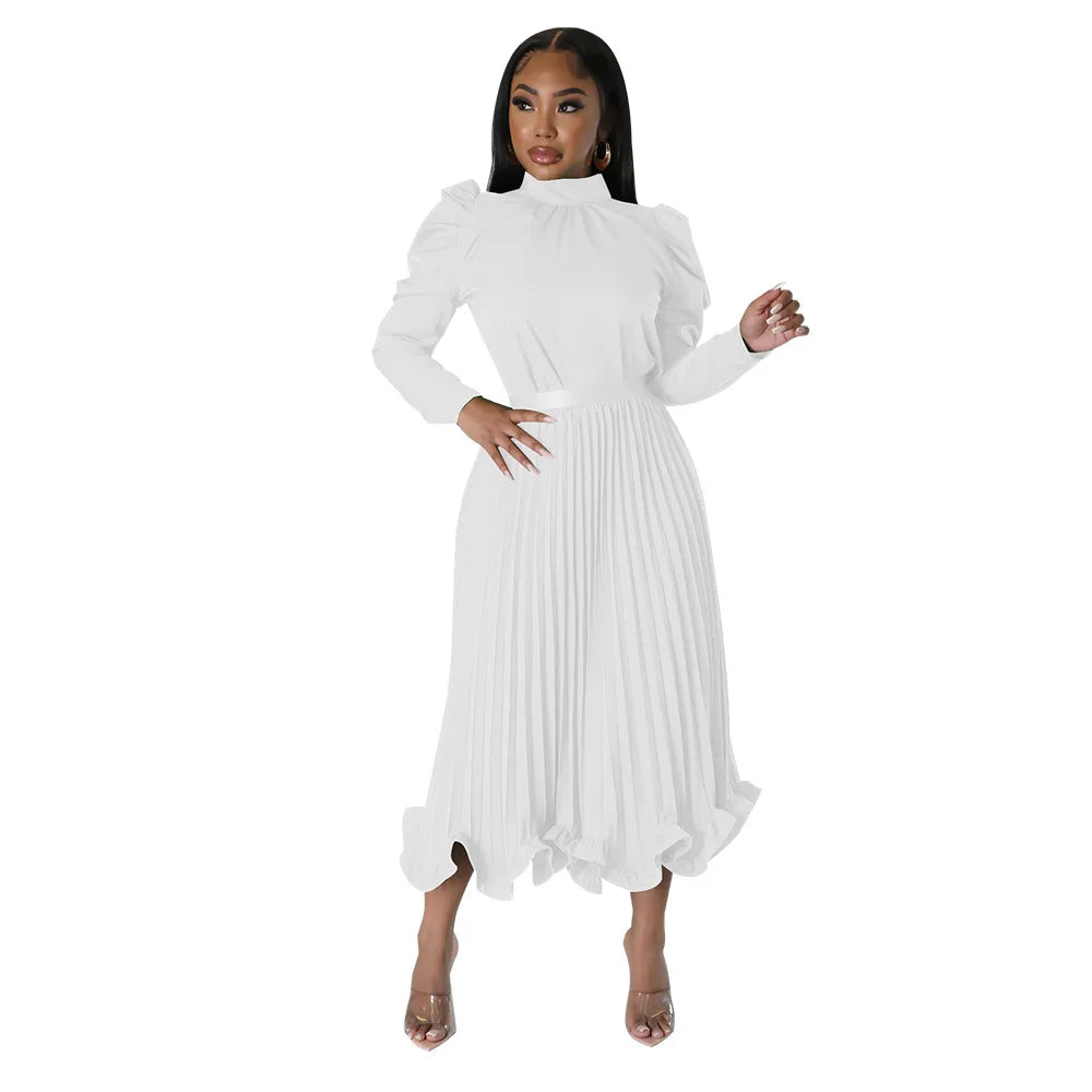 Women’s Solid Color O-Neck Lantern Sleeve Blouse + A-Line Flounce Formal Pleated Maxi Skirt w/ Sash Belt 2-Piece Set