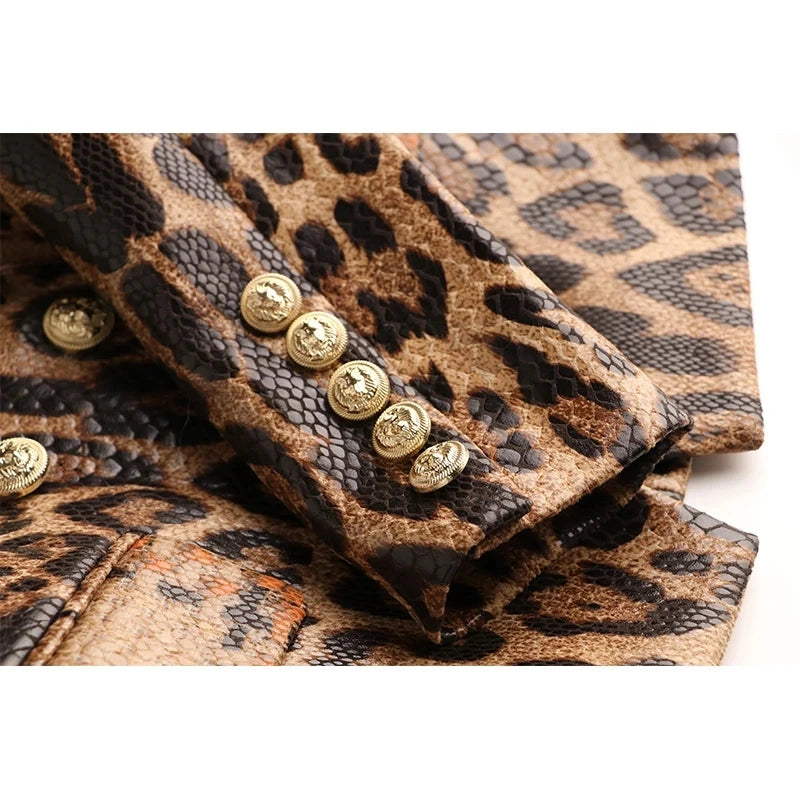 PU Leather Leopard Print Gold Button Design Pocketed Blazer Suit Jacket