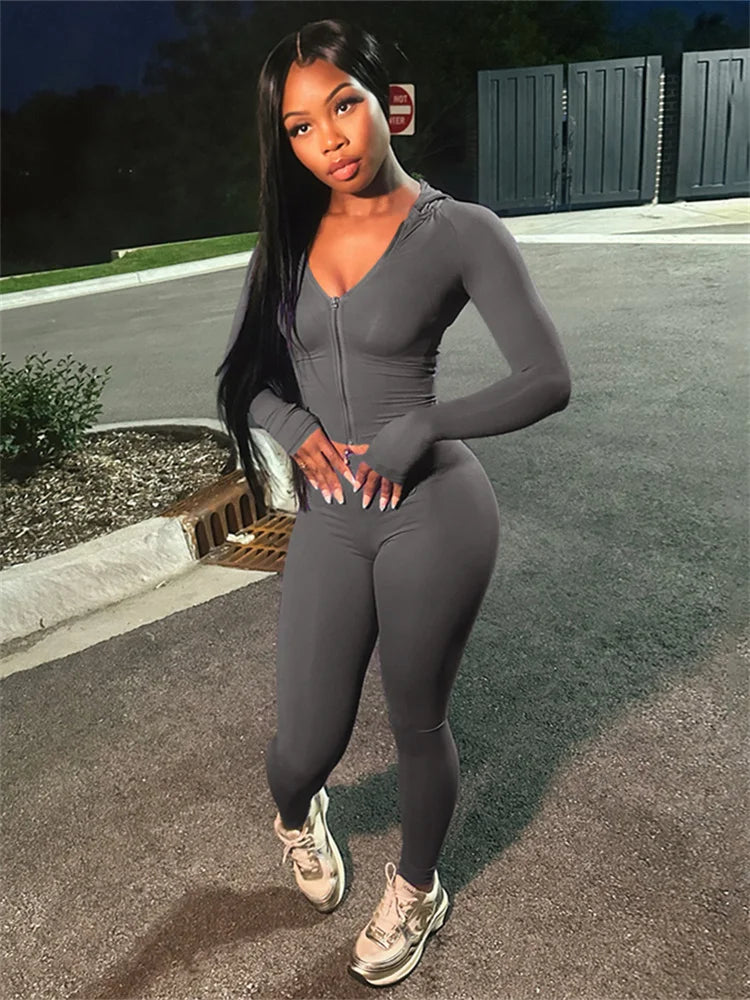 Bodycon Solid Color Women's Crop Zipper Fitness Hoodie Jacket + Workout Leggings Skin Tight Tracksuit