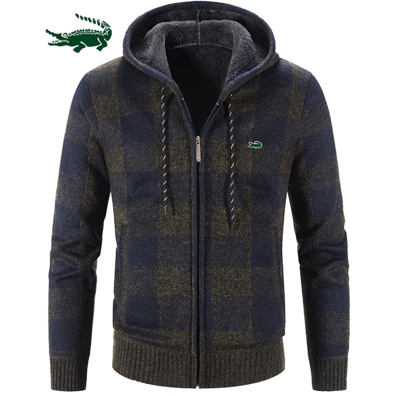 Men's Plaid Fleece Hoodie Checkered Hooded Knitted Cardigan Sweater Jacket