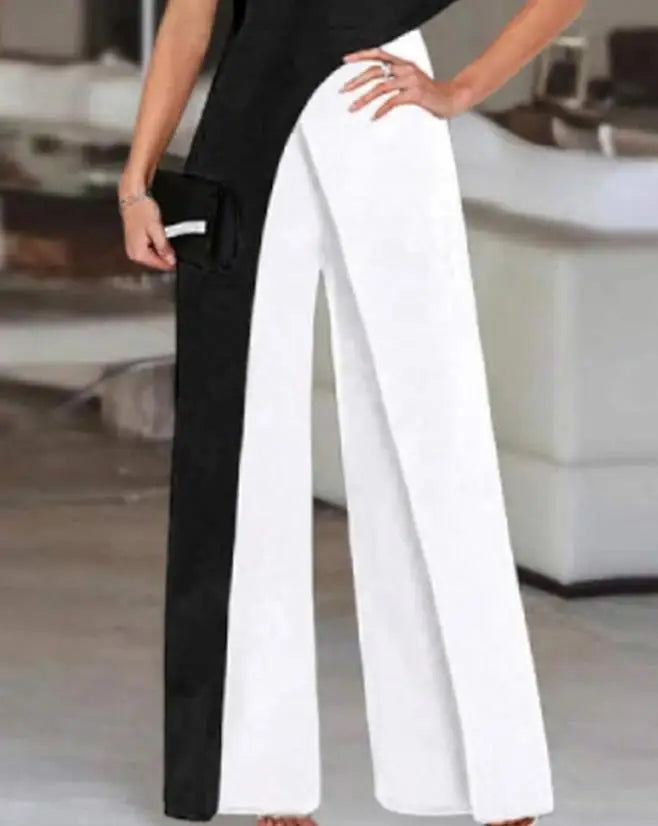 Colorblock One Shoulder Loose Straight Leg Maxi Train Jumpsuit