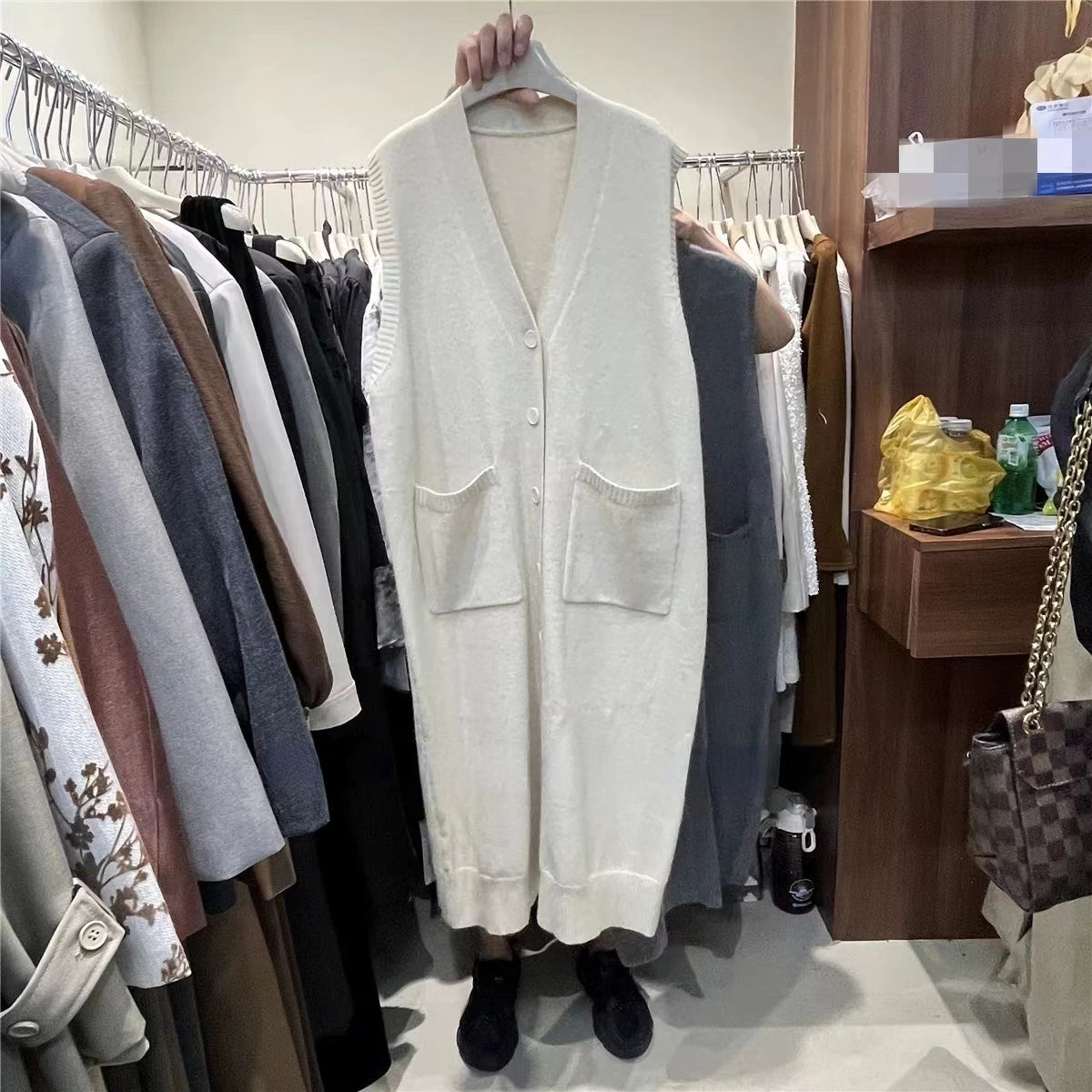 Sleeveless Knitted Button Front Vintage Oversized Knitted V-Neck Maxi Sweater Vest Dress