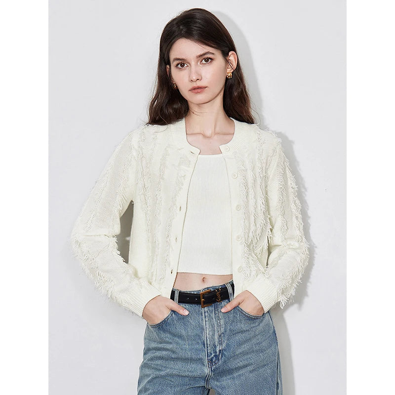 Knitted Tassel Women's O-Neck Long Sleeve Single Breasted Button-Up Cardigan Sweaters