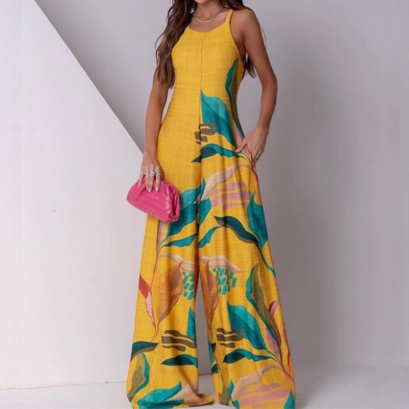 Gradient Colorblock/Floral/Geometric Printed Sleeveless Backless Wide Leg Pocketed Jumpsuit