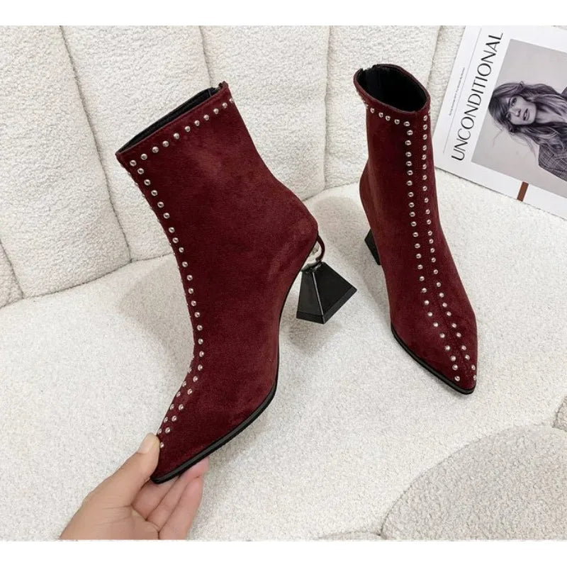 Stud Embellished Shallow Pointed Toe Designer Short Back Zip Suede Spike Heel Ankle Boots