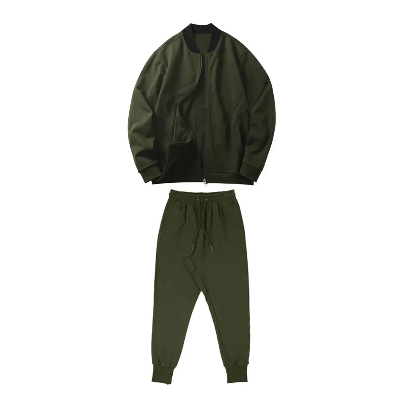 Men's O-Neck Colorblock Bomber Sweat Jacket + Drawstring Jogger Sweatpants Tracksuit