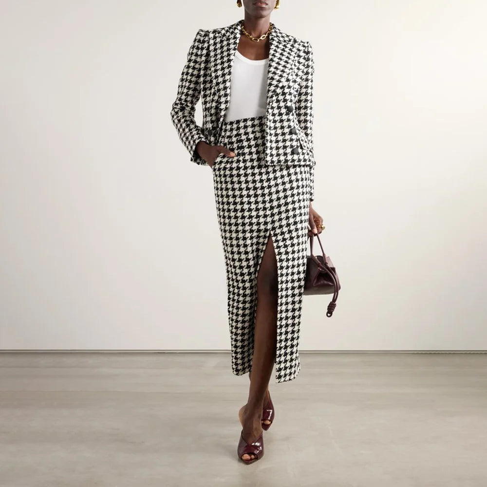 Houndstooth Print Women's Double Breasted Blazer Jacket + High Front Slit Long Skirt Business Suit to 3X Plus Size