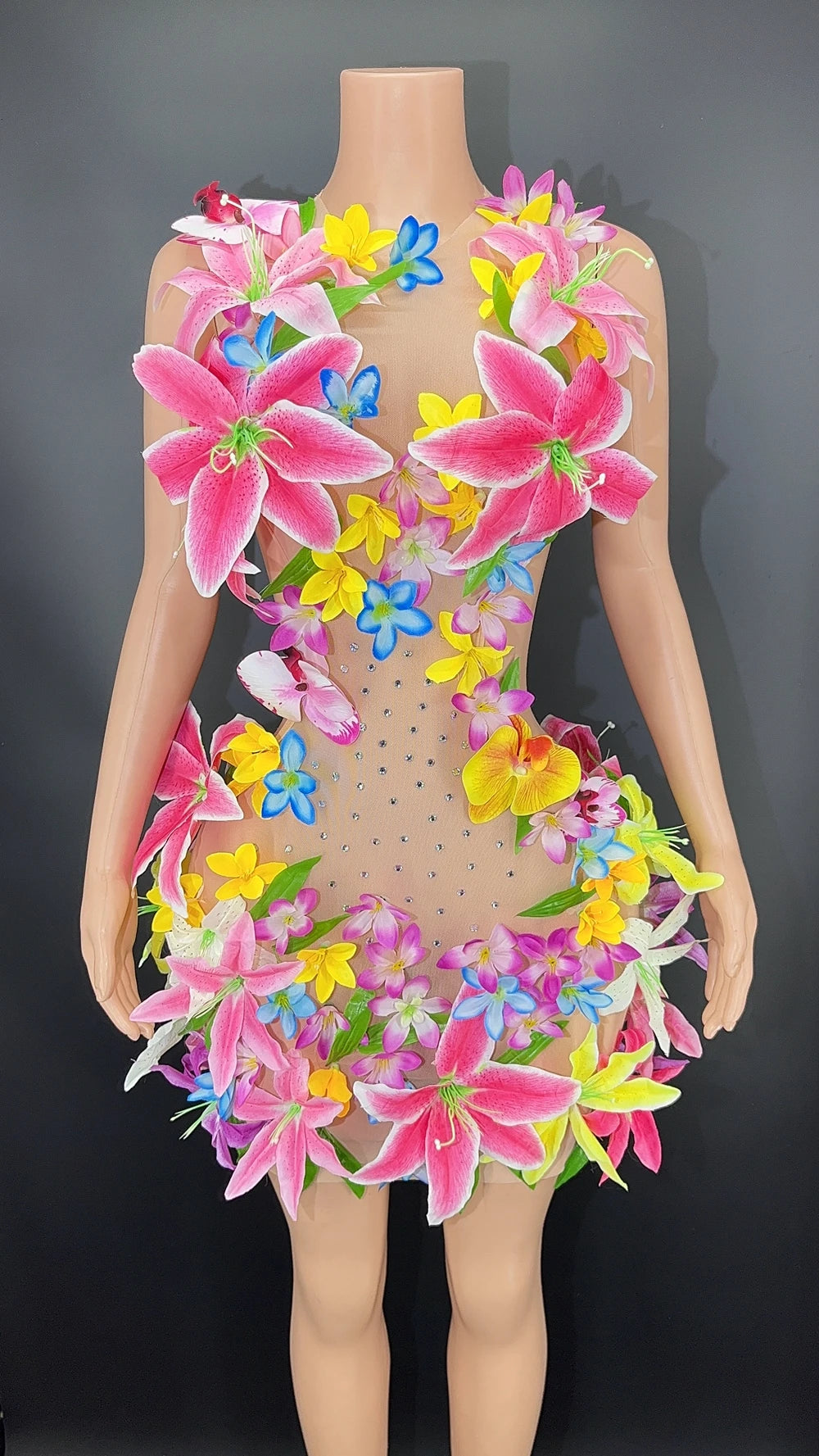 Embroidered Flower Decor Nude Mesh Transparent Party Formal Dress