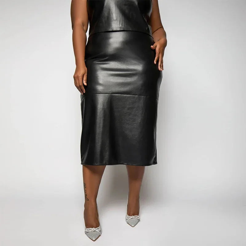 Black Faux Leather Women's Sleeveless Solid Vest + Skinny Maxi Skirt 2-Piece Set to 9X Plus Size