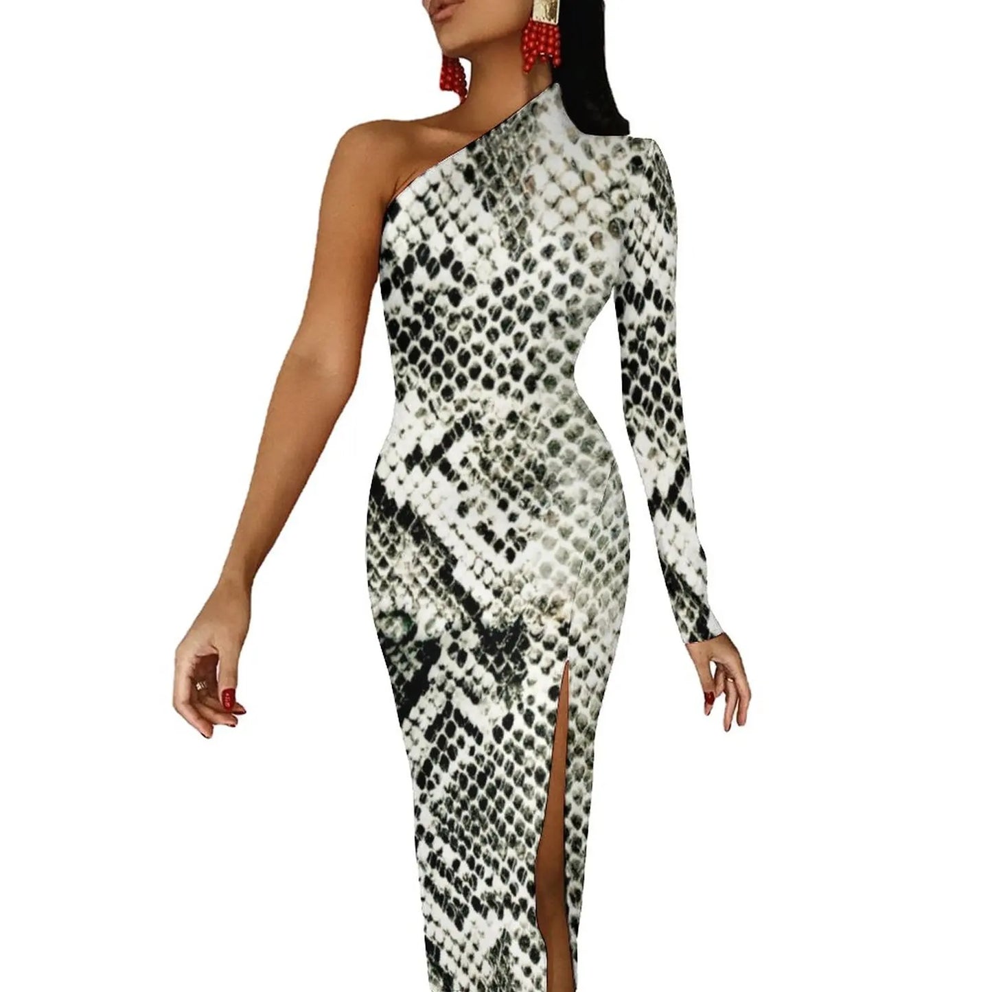 Snake Print/Geometric High Slit One Shoulder Long Sleeve Party Bodycon Maxi Dress